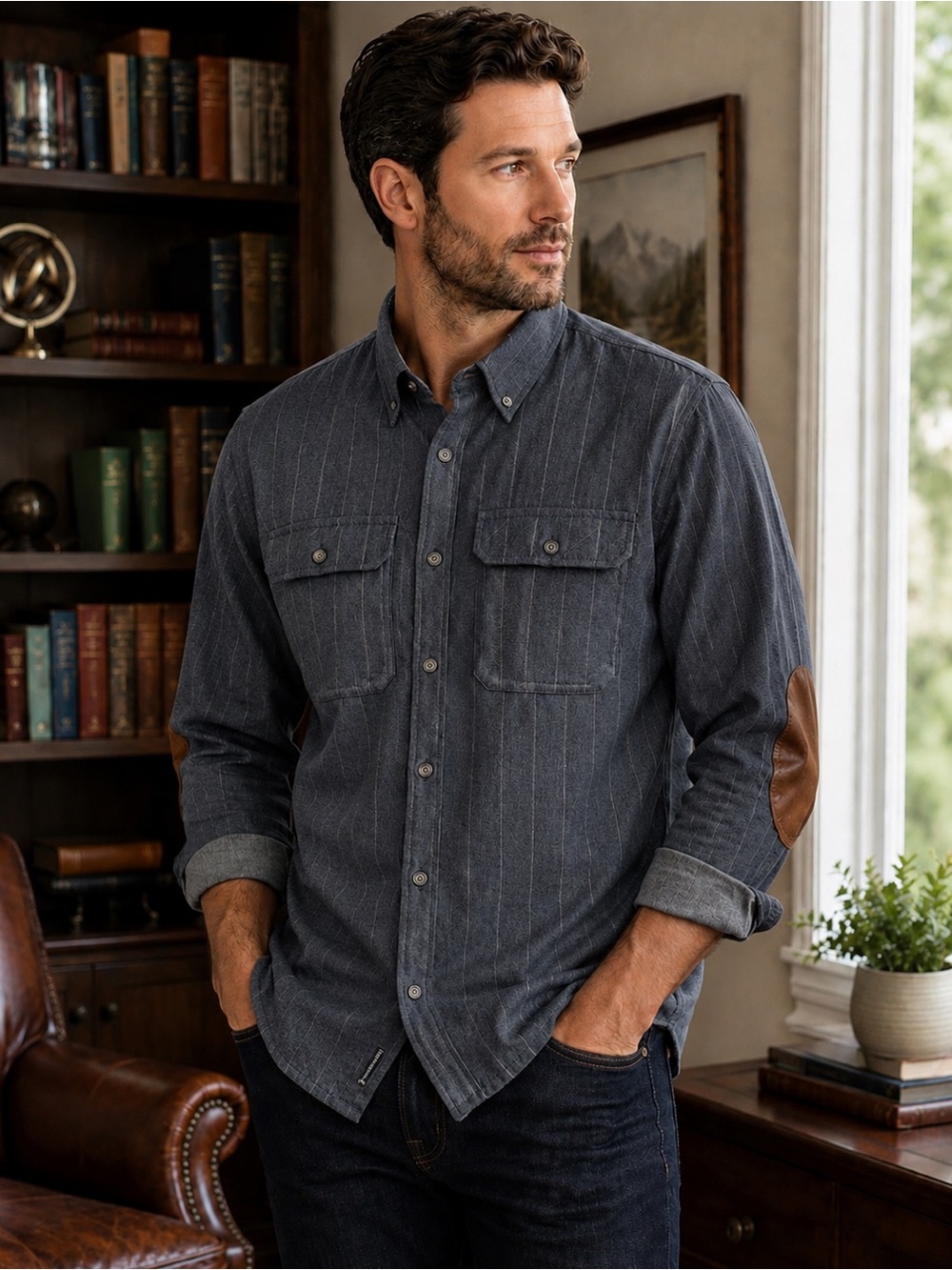 Firethorn Leather Elbow Patch Wool Blend Shirt Men’s M Blue Heritage Button Down